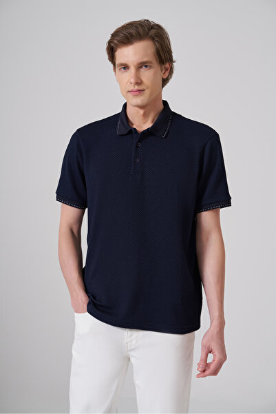 Morven Men's Navy Blue Trendy Patterned Polo Collar Tshirt