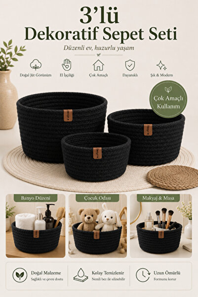 Fabrix Home 3-Piece Round Decorative Cotton Basket Set Black Color Multi-Purp...