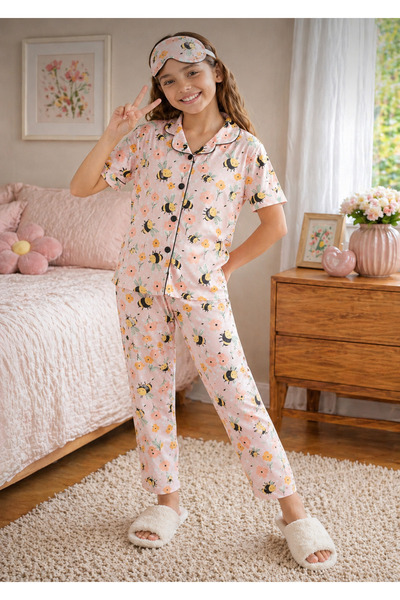 kahkaha kids Kız Çocuk Arı Desenli Pijama Takımı Göz Bantlı Kısa Kollu Önden ...