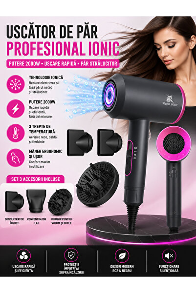 Regal Bliss Uscator de par profesional ionic ®, Putere 2000W, Set 3 Accesorii...