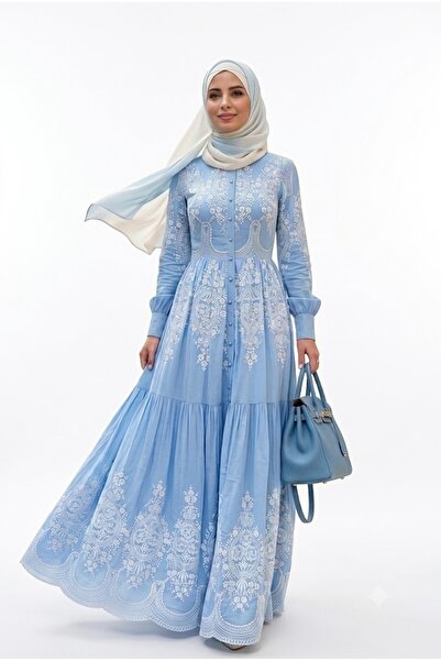 Muslima Wear Blue Dream Mavi Inci Düğmeli Beyaz Çiçek Desenli Nakışlı Abiye E...