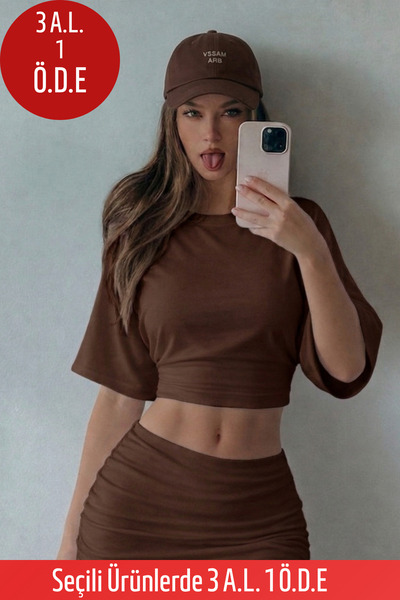 COMBİNE MİCHAİL Kadın Yarasa Kollu Yazlık Kahve Crop Bluz