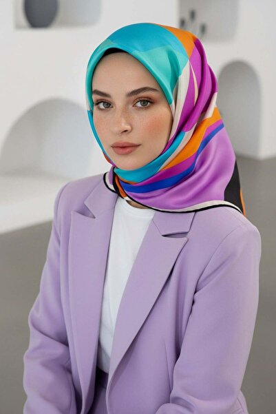 Vissona %100 Twill İpek Geometrik Desenli Fuşya - Turuncu Renkli 90x90 Eşarp ...