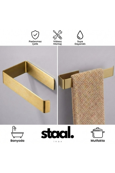 Staal Gold Havlu Askısı Seti Paslanmaz Çelik Delme Gerektirmez Güçlü Çift Tar...