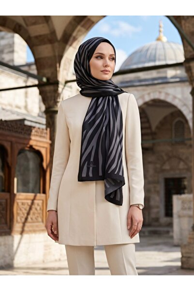 Vissona KREP KIRIŞMAZ ŞAL ZEBRA DESENLİ SİYAH - FÜME RENKLİ 75X195