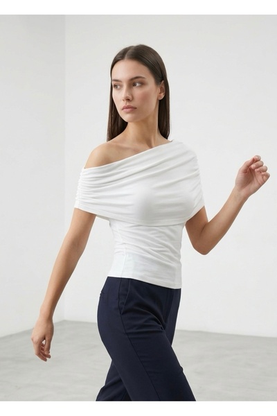 Sagre&Sisters Women's One-Shoulder Blouse – Draped Collar Detail, Stretchy Fabric, Ecru & Red Stylish Blouse