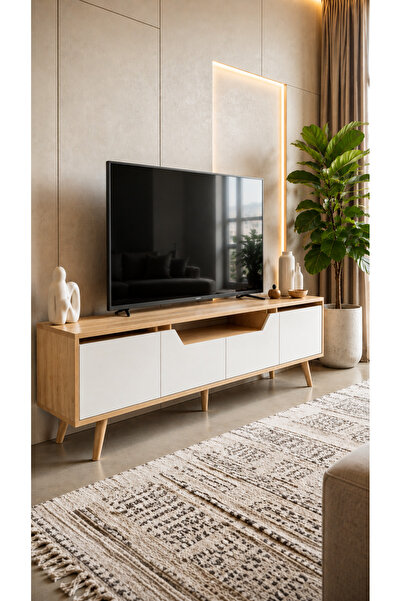 VM VERTEX MOBİLYA Roma Ahşap Ayaklı Tv Ünitesi Tv Sehpası Safir Meşe - Beyaz