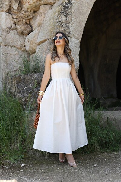 bytugcekaya Λευκό Στράπλες Πλισέ Φόρεμα