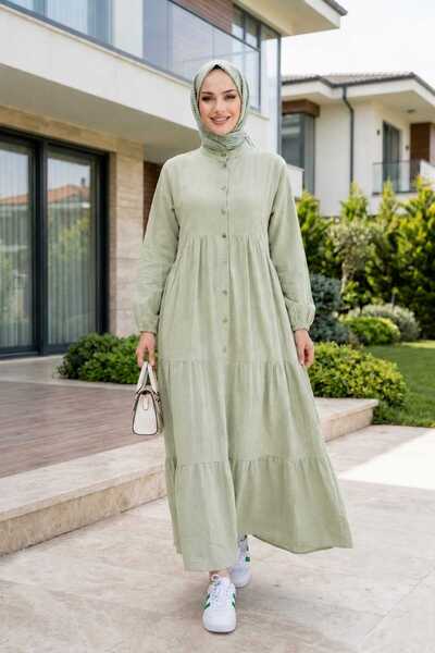 Hb Harma Time Butik Women's Buttoned Layered Detailed Linen Khaki Dress