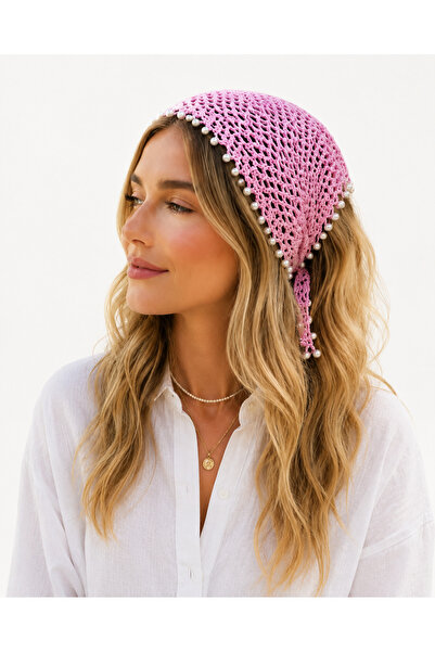NEHOLİA Hand Knitted Pearl Detailed Women's Hair Bandana Pink Bohemian Summer...