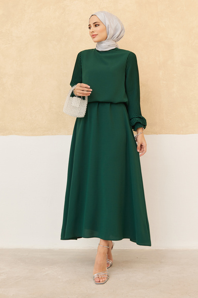VAVİNOR Pleated Skirt Tunic Set with Sleeves - Emerald