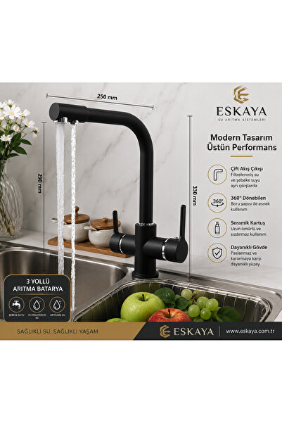 ESHOME Eskaya siyah krom arıtmalı 3 yollu mutfak eviye batarya muslugu