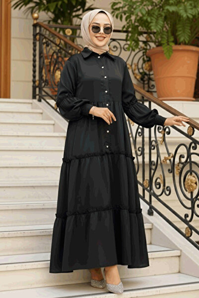 Neva Style Φόρεμα Μαύρο Τσακάκι με Πλισέ 5884S