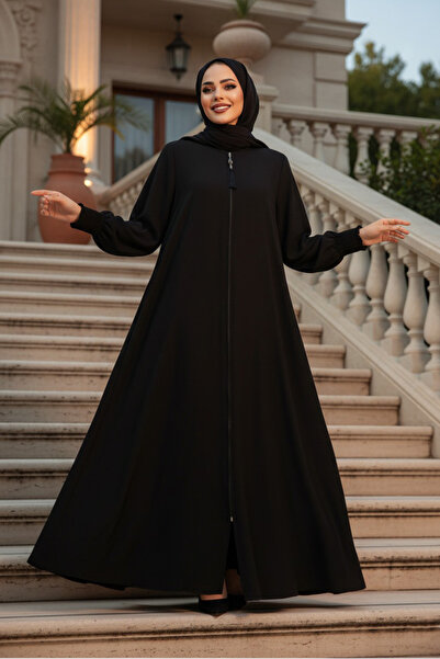 Neva Style Abaya neagră cu fermoar, stil Hijab 26302S