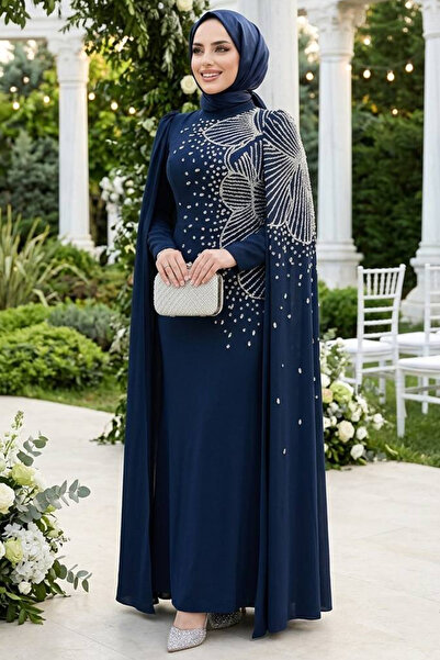Neva Style فستان سهرة حجاب باللون الأزرق الداكن بأكمام كيب 51671L