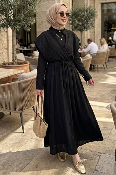 N.S NEVA STYLE فستان أسود محتشم مع أربطة عند الخصر 20231S