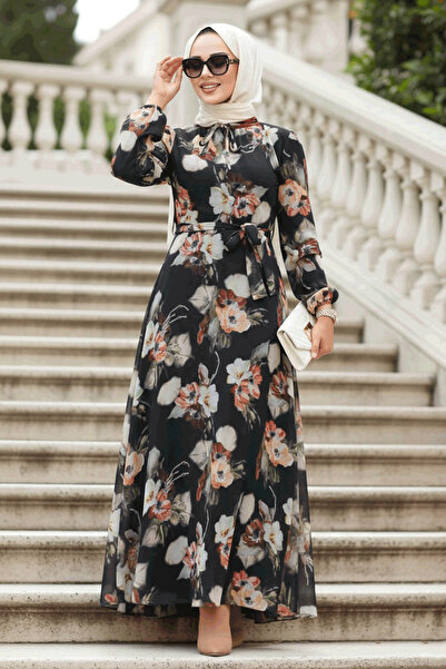 Neva Style فستان حجاب أسود منقوش بالزهور 27926S
