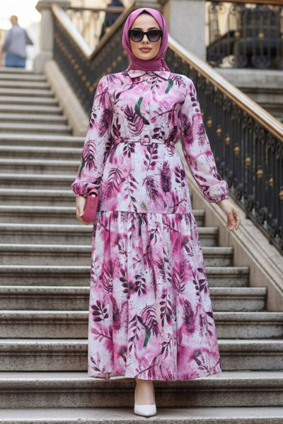 Neva Style Çiçek Desenli Fuşya Tesettür Elbise 60891F