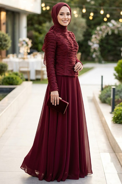 N.S NEVA STYLE فستان سهرة بتفاصيل مزركشة باللون العنابي للحفلات الإسلامية 549...