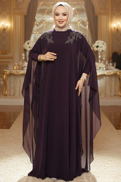 N.S NEVA STYLE Poncho Detaliat Prune Hijab Abaya 25908MU
