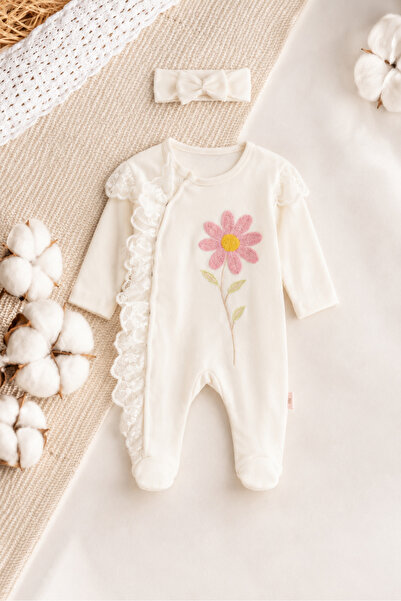 İZYALİF BABY Kız Bebek Dantelli Çiçekli Tulum Saç Bandı 2li Takım Set Pamuklu...