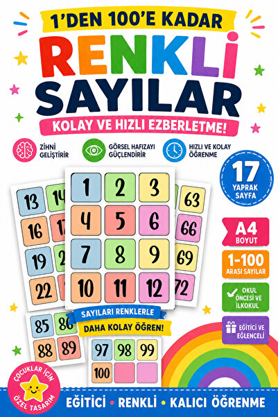 Organik Yolda 1'den 100'e Kadar Renkli Sayılar 17 Yaprak A4 | Eğitici Renkli ...