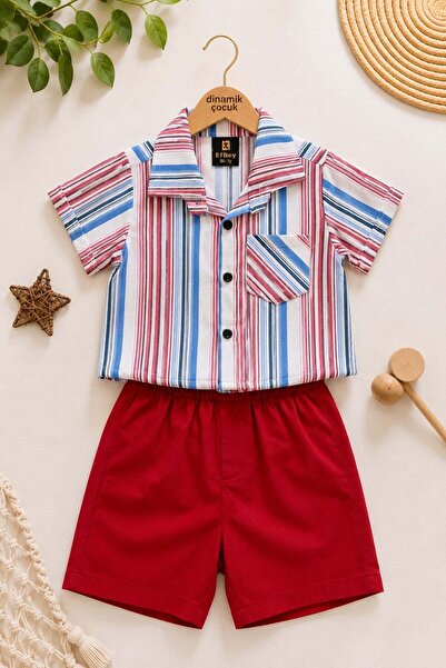 dinamik çocuk Boy's Colorful Striped Summer Short Sleeve Shirt with Satin Sho...