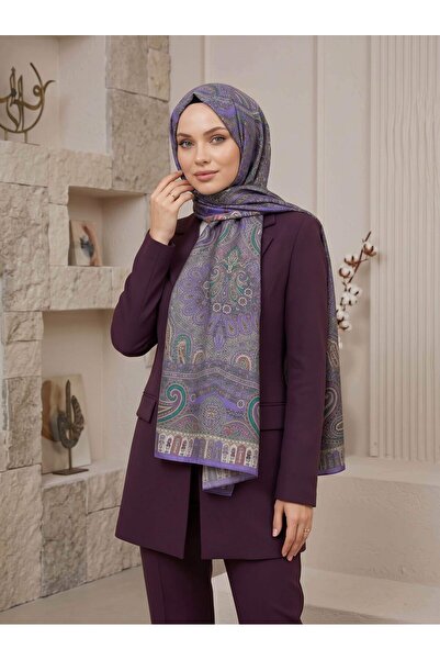 Vissona %100 Saf İpek Şal İnce Saten Vual Dokuma Etro Desenli Mor Renkli 90x2...