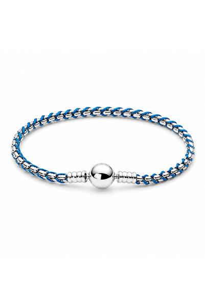 POSEİDONS JEWELLERY 925 Ayar Mavi Örgü Kordonlu Yılan Zinciri Unisex Bileklik
