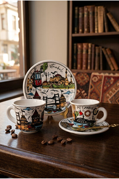 Handmade طقم فناجين قهوة تركية من البورسلين بتصميم إسطنبول - طقم قهوة ملون بن...