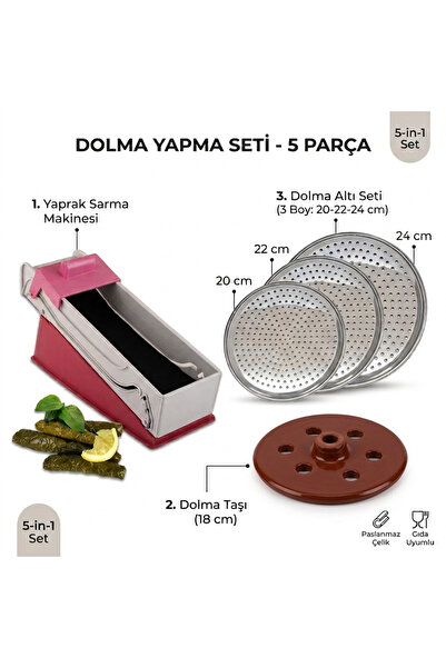 5DM Yaprak Dolma Sarma Seti - 18 cm Dolma Taşı - Yaprak Sarma Makinesi - 20/2...
