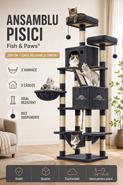 Fish & Paws Ansamblu pisici Fish & Paws®, 206 cm, 2 hamace, 2 căsuțe, sisal r...