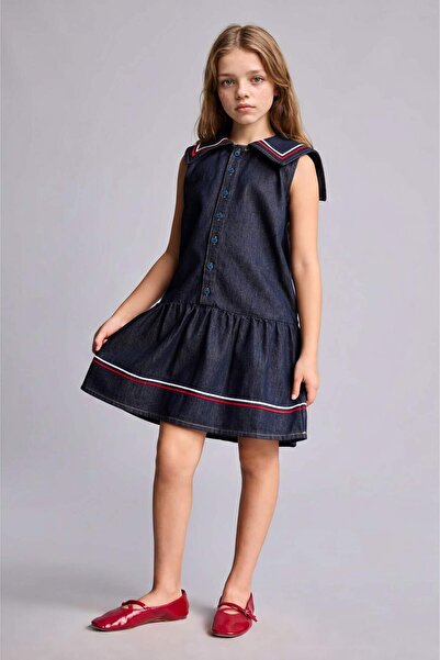 DeFacto 100% Cotton Denim Navy Blue Dress for Girls H6597A826Sm