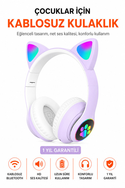 Ayers A+ Kalite Kedi Kulağı Detaylı Bluetooth Kablosuz Rengarenk Işıklı Rgb Ç...