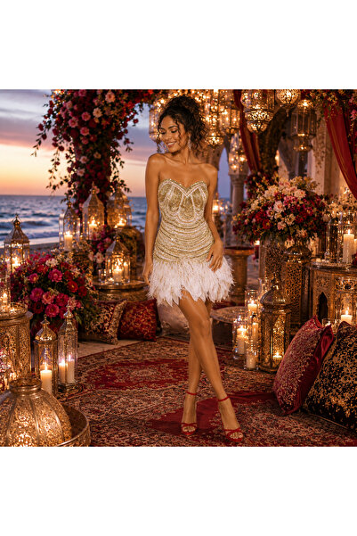 Jovani New York Rochie de lux ivory scurta mulata cu paiete, pene si fulgi na...