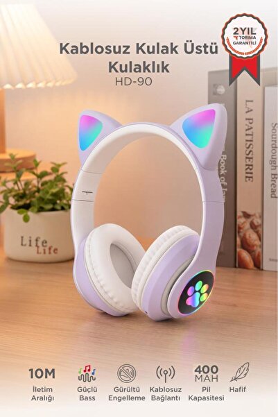 Torima Bluetooth Kulaklık Kulak Üstü Kedi Tasarımlı Kablosuz Kulaklık HD90 Mor