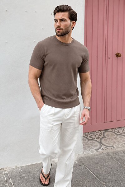 Madmext Light Brown Crew Neck Ribbed Men's T-Shirt E7474