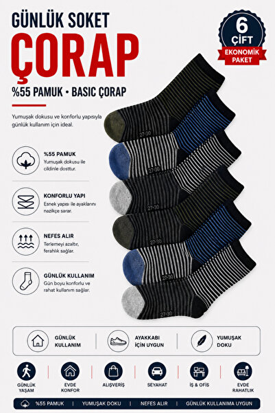 ÇORAPSA 6 Çift Erkek Soket Çorap | Renkli Çizgili Desen | 35-38 Numara