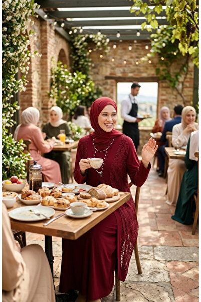 sefamerve Plus size lace vest dress double set 4123-03 burgundy