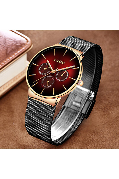 Lige black red New Fashion Mens Watches Top Brand Luxury Quartz Watch Men Mes...