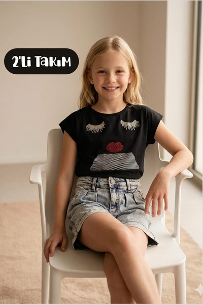 Hilal Akıncı Kids Bluză cu buzunar din plasă pentru fetiță, pantaloni scurți ...