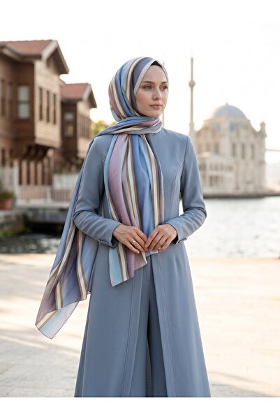 Vissona %100 Saf İpek Şal İnce Saten Vual Dokuma Şerit Desenli Bebe Mavisi - ...