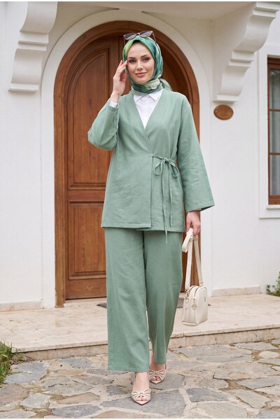 Modamorfo Set kimono cu pantaloni cu legături în față - Verde apă