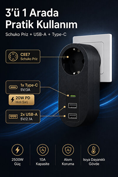 The Wlue Kablosuz Duvar Prizi | 2xUSB | 1xType-C | 2500W | Isıya Dayanıklı | Akım Korumalı