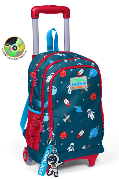 Coral High Kids Çivit Kırmızı Uzay Desenli Üç Bölmeli Çekçekli Okul Sırt Çant...