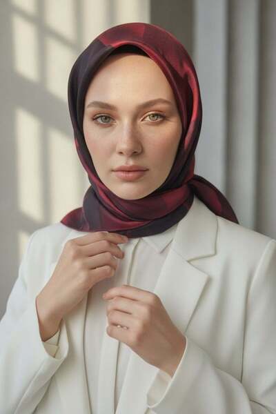 Vissona %100 Twill İpek Çiçek Desenli Bordo Renkli 90x90 Eşarp Dikim Şekli : ...