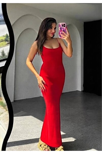 My Blog Rochie roșie stretch cu bretele lungi