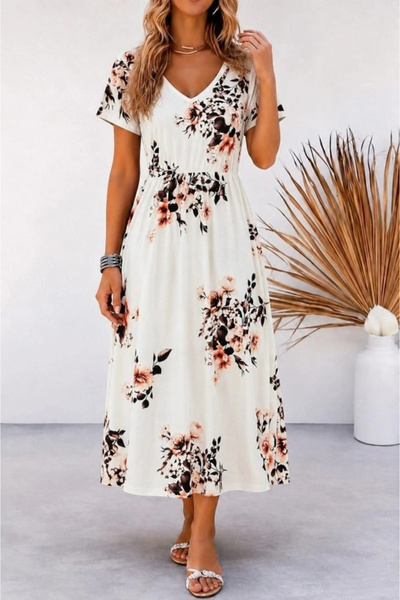 Generic Brand Women's Short Sleeve V-Neck Patterned Long Single Jersey Dress
