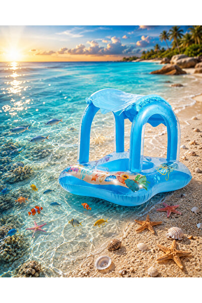 RAMEH Kara Mavi Gölgelikli Tenteli Çocuk Deniz Simiti Baby Float Bebek Deniz Simiti 0-3 Yaş Bebek Botu