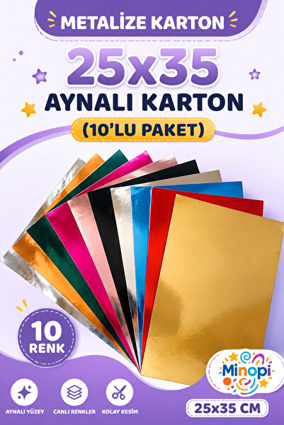 Minopi Aynalı Metalize Fon Kartonu 25x35 Cm 10 Adet Karışık Renk - 10'lu Paket